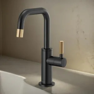 Brizo 61353LF-C-BLGL Brizo Litze Single-Handle Beverage Faucet with Square Spout and Knurled Handle, Diamond Seal Technology, 1.5 GPM, Matte Black/Brilliance Luxe Gold - 61353LF-C-BLGL