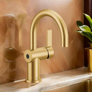Moen 6221EWBG Moen Cia One-Handle High Arc Brushed Gold Bathroom Faucet with Metal Spring Loaded Pop-Up, MotionSense Wave, Duralock, 1.2 GPM, Lever Handle, LifeShine - 6221EWBG
