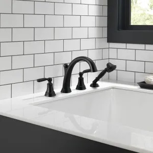 Delta T4732-BL Delta Woodhurst Two-Handle Roman Tub Faucet Trim w/ 1.75 GPM Single-Setting Hand Shower, Lever Handles, Matte Black - T4732-BL