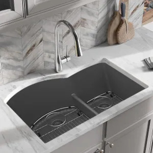 Elkay ELGHU3322RGT0C Elkay Quartz Classic Graphite 33in x 22in x10in Undermount with Rear Center Drain, Double Bowl Aqua Divide Sink with Bottom Grids, Drains, and Cleaning Kit - ELGHU3322RGT0C