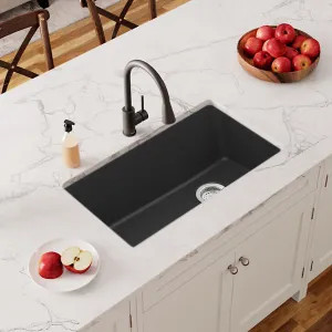 Elkay ELGU13322MB0 Elkay Quartz Classic Matte Black 33in x 19in Single Bowl Undermount Kitchen Sink with, Rear Right Drain -  ELGU13322MB0  