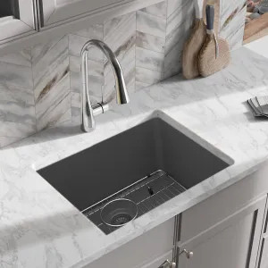 Elkay ELGU2522GT0C Elkay Quartz Classic Graphite 25in x 18in Undermount Single Bowl Kitchen Sink Kit with Rear Center Drain, Bottom Grid, Strainer, and Cleaning Kit - ELGU2522GT0C