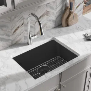 Elkay ELGU2522MB0C Elkay Quartz Classic Matte Black 25in x 18in Undermount Single Bowl Kitchen Sink Kit with Rear Center Drain, Bottom Grid, Strainer, and Cleaning Kit - ELGU2522MB0C