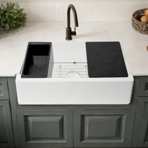 Alfi AB33FARM-W ALFI White Granite Composite Workstation, 33in x 20-1/2in Drop-In with Center Drain Single Bowl Sink With Cutting Board, Colander, and Sink Grid - AB33FARM-W