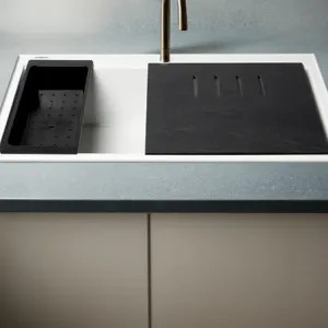 Alfi AB3418SBDI-W ALFI White Granite Composite Workstation, 33in Drop In With Center Drain, Step Rim Single Bowl Drop In Sink With Cutting Board, Colander, and Roll Mat - AB3418SBDI-W