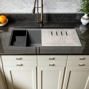 Alfi AB3418SBUM-T ALFI Titanium Granite Composite Workstation, 33in Undermount With Rear Center Drain, Step Rim Single Bowl Sink With Cutting Board, Colander, and Roll Mat - AB3418SBUM-T