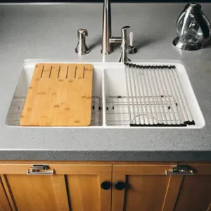 Alfi ABFS3320D-W ALFI White Fireclay Workstation, 33in x 20in Step Rim Double Bowl Kitchen Sink With Center Drain - ABFS3320D-W