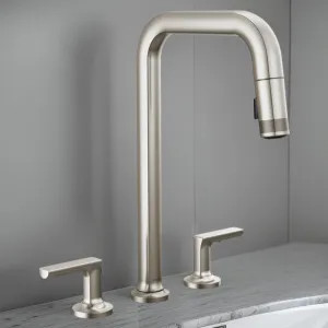 Brizo 62507LF-SSLHP-L Brizo Kintsu Two-Handle Widespread Pull-Down Kitchen Faucet w/ Square Spout, MagneDock, Less Handles, 1.8 GPM, Lumicoat Stainless - 62507LF-SSLHP-L