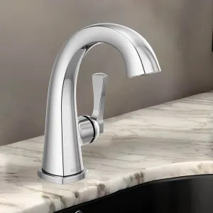Delta 577-PR-MPU-DST Delta Stryke Single Handle Deck Mounted Bathroom Faucet With Drain, Lever, 1.2 GPM, Lumicoat Chrome - 577-PR-MPU-DST
