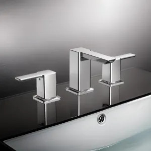 Moen TS6720 Moen 90-Degree Two-Handle Low Arc Chrome Widespread Bathroom Faucet with Metal Pop-Up, 1.2 GPM, Lever Handle, WaterSense, Three-Holes - TS6720 
