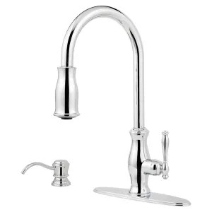 Pfister GT529-TMC Pfister Hanover Polished Chrome Single Handle Pull-Down Kitchen Faucet with Soap Dispenser, 1.8 GPM, ADA, Pforever Seal, Pfast Connect - GT529-TMC