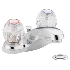 Moen 64920 Moen Chateau Two-Handle Low Arc Chrome Centerset Bathroom Faucet with 50/50 Drain and Red/Blue Indicators, Clear Knob Handle, 1.2 GPM, Bulk Pack - 64920
