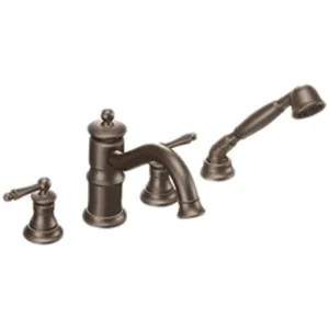 Moen TS213ORB Moen Waterhill Two-Handle Deck-Mount Roman Tub Faucet Trim with 2.0 GPM Hand Shower, 4-Hole, Lever Handles, Oil Rubbed Bronze - TS213ORB