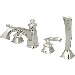 Pioneer 4GB611-PN Pioneer Gibraltar Deck-Mount Polished Nickel Roman Tub Faucet Trim with Rough-In, Handheld Showerhead, Two Metal Lever Handles, ADA - 4GB611-PN