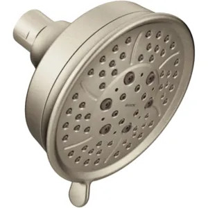 Moen 3638BN Moen Four-Spray Function Shower Head, Round, 4-3/8in Diameter Face, Nonmetallic Spray Face, Fixed Wall-Mount Installation, 2.5 GPM, Brushed Nickel - 3638BN