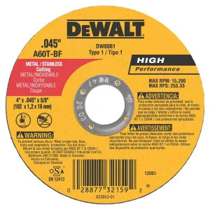 Dewalt DW8061 Dewalt DW8061 Type 1 High Performance Reinforced Cut-Off Wheel, 4in Dia x 0.045in T, A60T Grit