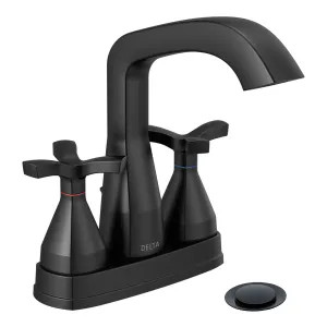 Delta 257766-BLMPU-DST Delta Stryke Angled Spout Centerset Lavatory Faucet With Metal Pop-Up, Two-Handle, DIAMOND Seal, Helo Spoke Handles, 1.2 GPM, Matte Black - 257766-BLMPU-DST