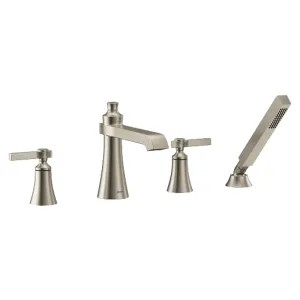 Moen TS928BN Moen Flara Two-Handle Roman Tub Faucet with 2 GPM Single-Function Hand Shower, Lever Handles, Double Check Valves, Brushed Nickel - TS928BN