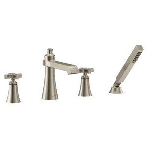 Moen TS929BN Moen Flara Two-Handle Roman Tub Faucet with 2 GPM Single-Function Hand Shower, Cross Handles, Brushed Nickel - TS929BN