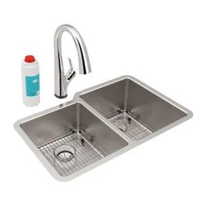 Elkay ELUHH3120LTPFLC Elkay Lustertone Iconix Double Bowl Undermount Sink Kit with Filtered Faucet and Perfect Drain, Left Small Bowl, Stainless Steel - ELUHH3120LTPFLC 