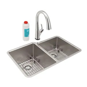 Elkay ELUHH3120RTPFLC Elkay Lustertone Iconix Double Bowl Undermount Sink Kit with Filtered Faucet and Perfect Drain, Right Small Bowl, Stainless Steel - ELUHH3120RTPFLC 