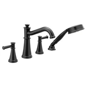 Moen T9024BL Moen Belfield Two-Handle Roman Tub Faucet with 1.75 GPM Single-Function Hand Shower, 8in Center, Lever Handles, Matte Black - T9024BL