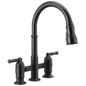 Delta 2390L-BL-DST Delta Broderick Two Handle Pull Down Bridge Kitchen Faucet, Diamond Seal, ShieldSpray, MagnaTite, ADA, 1.8 GPM, Matte Black - 2390L-BL-DST