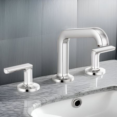 Brizo 65307LF-PCLHP-ECO Brizo Kintsu Two-Handle Widespread Lavatory Faucet with Angled Spout, Less Handles, Deck Mount, 1.2 GPM, Polished Chrome - 65307LF-PCLHP-ECO