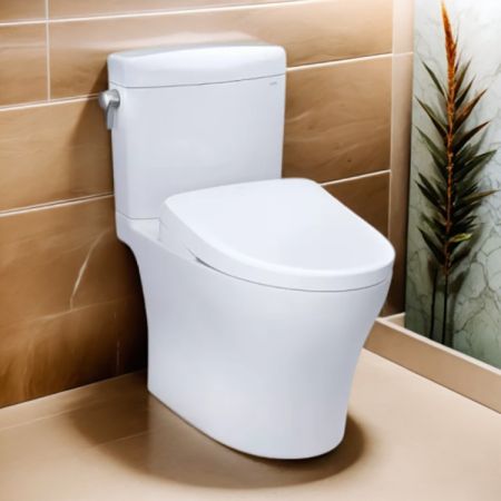 Toto MW4364736CEMFGNA#01 TOTO Aquia IV Cube WASHLET+ Two-Piece Toilet with S7A Bidet Seat, Auto-Open/Close, 1.28/0.9 GPF, Auto-Flush, Cotton White - MW4364736CEMFGNA#01