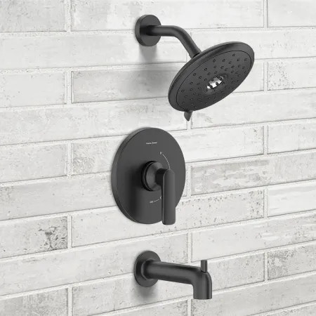 installed view of the American Standard Aspirations Pressure Balance Tub/Shower Faucet, Lever Handle,1.8 GPM, Matte Black - TU061508.243