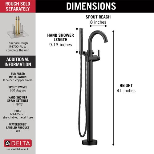 View 4 of Delta T4759-BLFL Delta Trinsic Single-Handle Freestanding Tub Filler Trim with 1.75 GPM Single-Setting Hand Shower, Touch-Clean, Lever Handles, Matte Black - T4759-BLFL