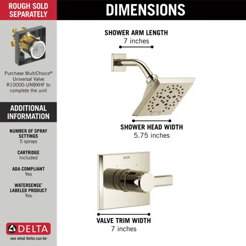 View 5 of Delta T14299-PN Delta Pivotal Monitor 14 Series H2Okinetic Shower Faucet with 5-Setting Angular Rainhead, 1.75 GPM, Single Lever Handle, Polished Nickel - T14299-PN