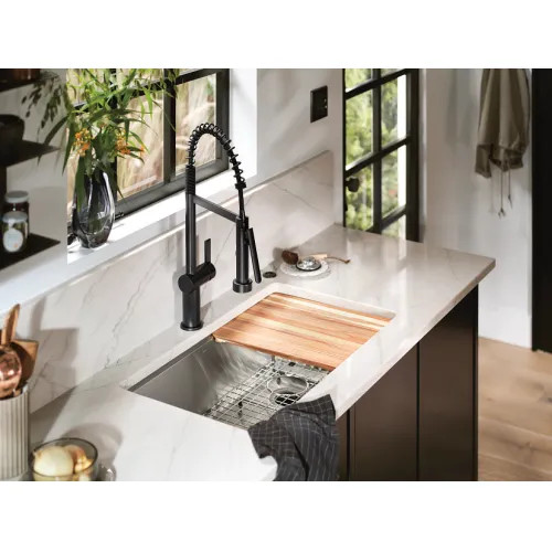 life style image of moen luxe chief workstation sink with accessories