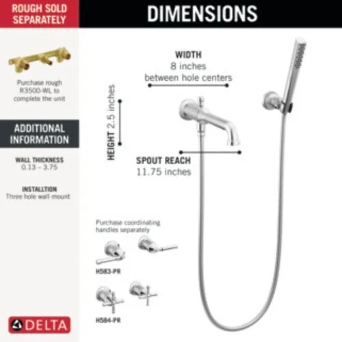 Delta Broderick Wall Mount Tub Filler Trim w/ Hand Shower, Less