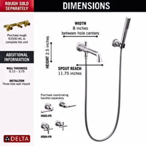 Delta Broderick Wall Mount Tub Filler Trim with Hand Shower, Less
