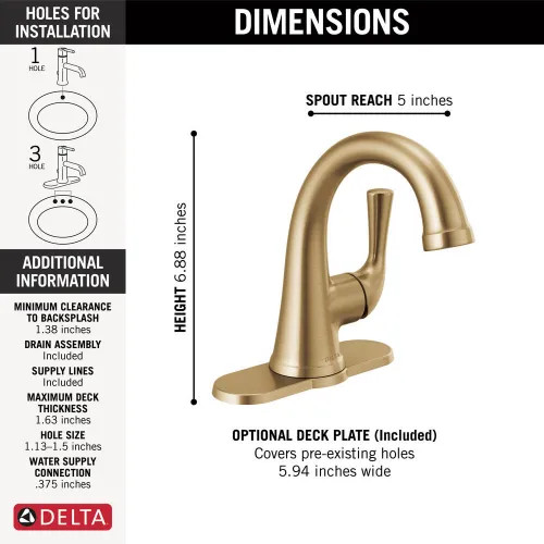 Delta Kayra Single-Handle Bathroom Faucet, Deck Mount, 1.2 GPM