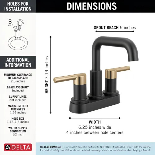 Delta Nicoli Two Handle Centerset Bathroom Faucet, 1.2 GPM, Matte