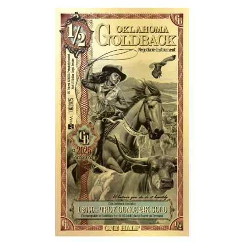 Goldback 1/2 Bill - Oklahoma, Honestas - 1/2000 Troy Oz. 24K Gold