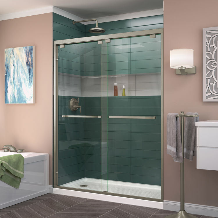 DreamLine Encore 32" D x 60" W x 78 3/4" H Bypass Shower Door in Brushed Nickel and Left Drain White Base Kit - DL-7005L-04