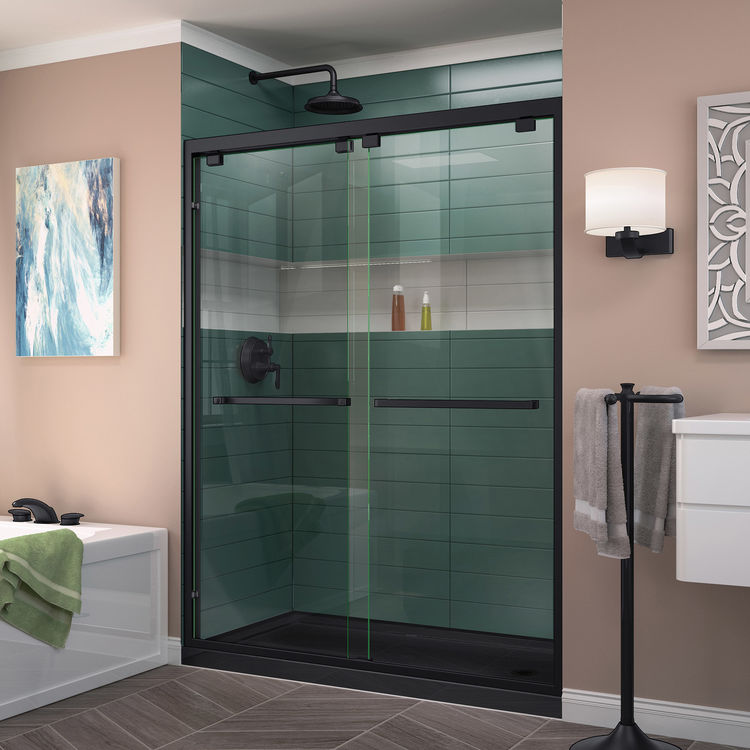 DreamLine Encore 34" D x 60" W x 78 3/4" H Bypass Shower Door in Satin Black and Right Drain Black Base Kit - DL-7006R-88-09
