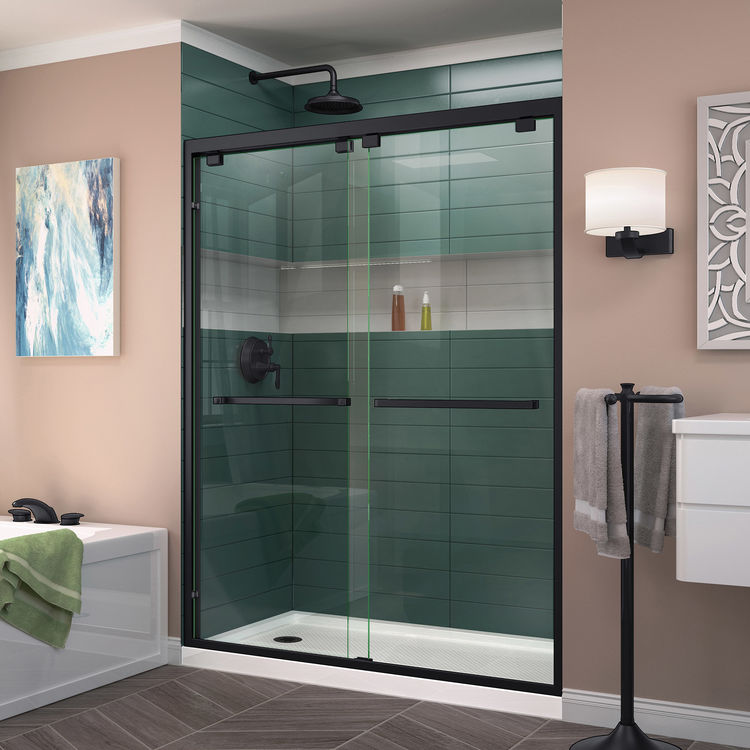 DreamLine Encore 32" D x 60" W x 78 3/4" H Bypass Shower Door in Satin Black and Left Drain White Base Kit - DL-7005L-09