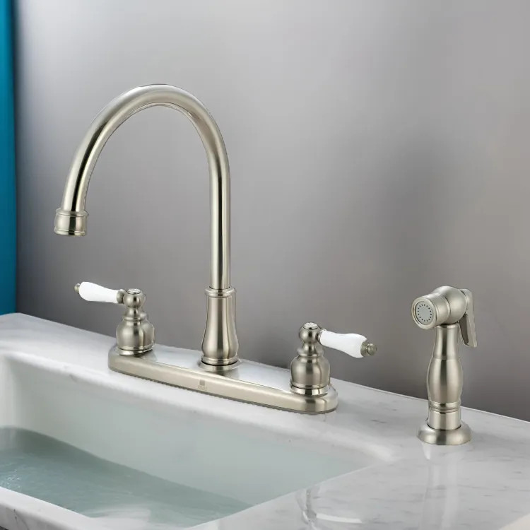 Pioneer Brentwood Two-Handle Kitchen Faucet w/ Side Spray, Porcelain Lever Handles, Brushed Nickel - 2BR111-BN 