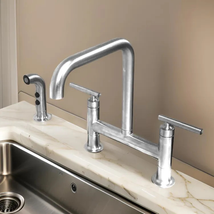 Kohler Purist Two Handle Deck-Mount Bridge Faucet w/ Side Spray, Lever Handles, Polished Chrome - K-7548-4-CP
