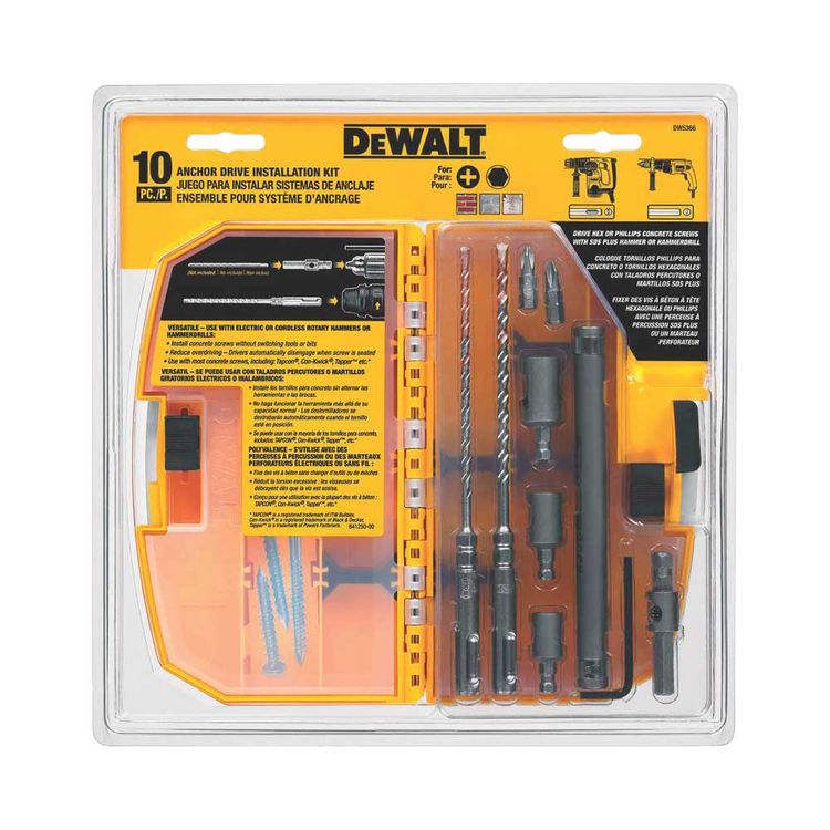 Dewalt DW5366 Anchor Driveinstallation Kit, 10 Pieces, 7in Length, 4-1/2in Drill Length
