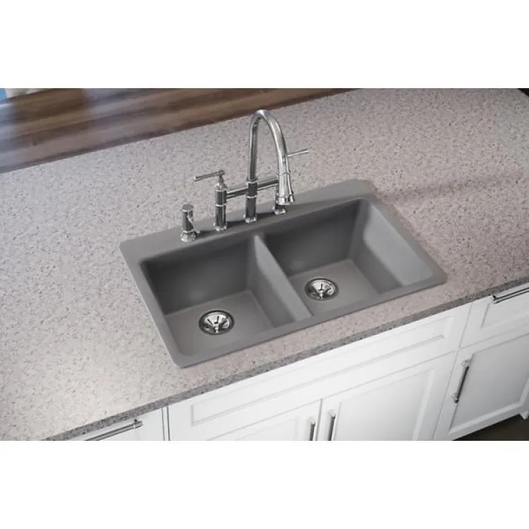 Elkay Quartz Classic Greystone 33in x 22in Equal Double Bowl Drop-In Sink with Rear Center Drain - ELG3322GS0