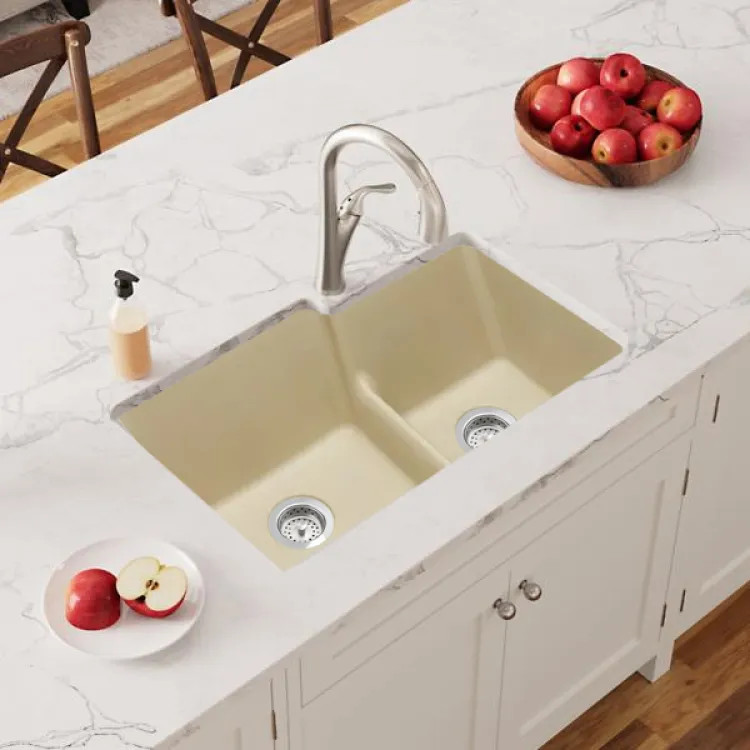 Elkay Quartz Classic Sand 60/40 Double Bowl Sink, 33in x 22in Undermount Kitchen Sink with Aqua Divide and Rear Center Drain - ELGULBO3322SD0