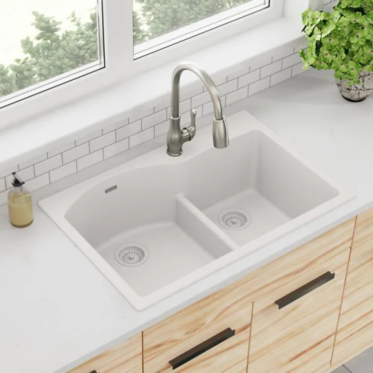Elkay Quartz Classic White 3in x 22in x 10in Drop-In with Rear Center Drain 60/40 Double Bowl Sink with Aqua Divide - ELGH3322RWH0