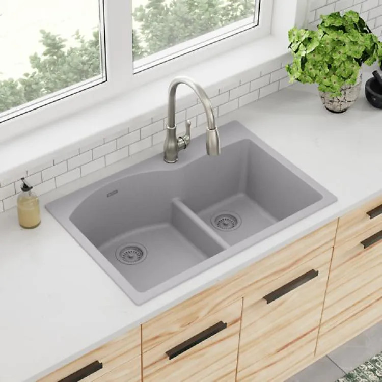 Elkay Quartz Classic Greystone 3in x 22in x 10in Drop-In with Rear Center Drain 60/40 Double Bowl Sink with Aqua Divide - ELGH3322RGS0