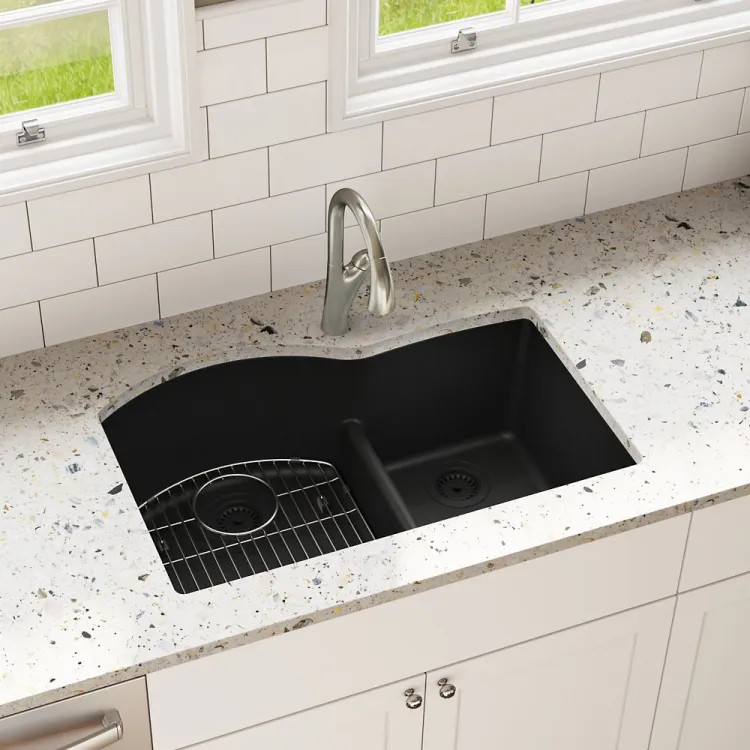 Elkay Quartz Classic Black 33in x 22in x10in Undermount with Rear Center Drain, Double Bowl Sink with Aqua Divide - ELGHU3322RBK0