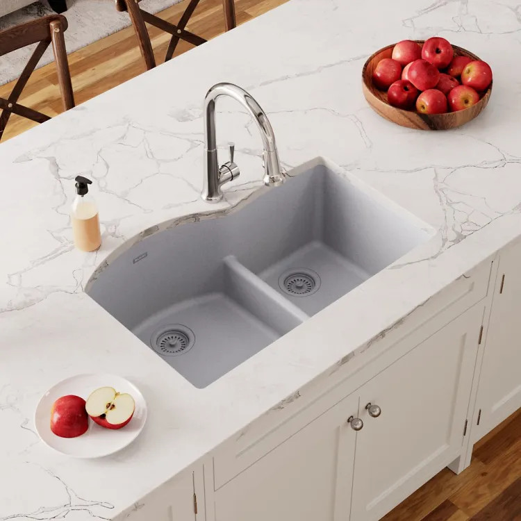 Elkay Quartz Classic Greystone 33in x 22in x10in Undermount with Rear Center Drain, Double Bowl Sink with Aqua Divide - ELGHU3322RGS0